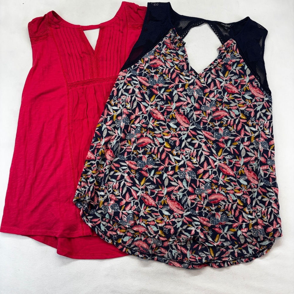 Lucky Brand Tank Tops Women 2X Red Navy Floral Bundle Lace Cutout Back 2pc Lot